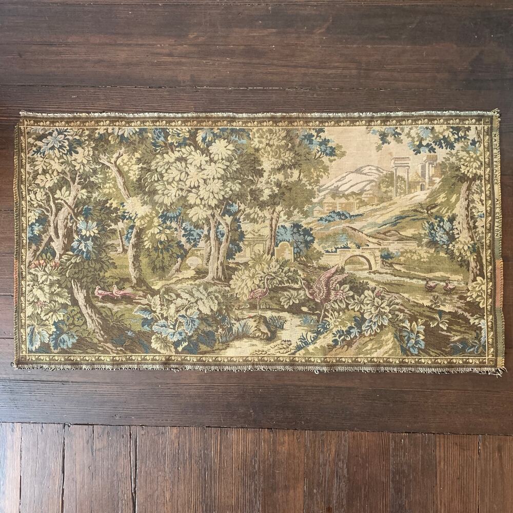 Vintage French Tapestry Aubusson Style Jacquard Country Landscape Birds Trees